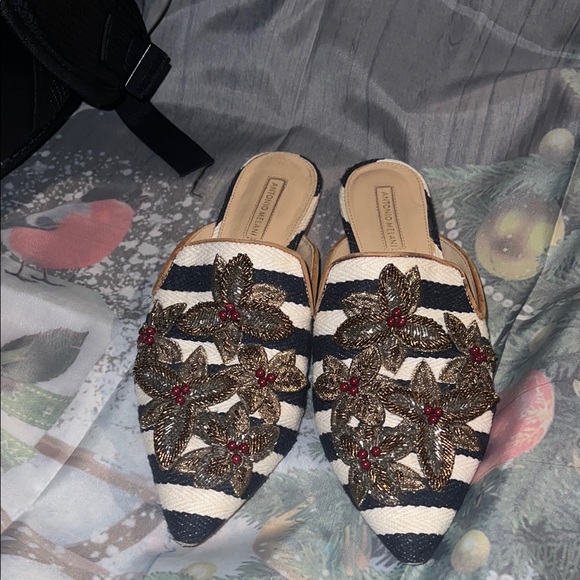 ANTONIO MELANI Shoes - Embellished Striped Slip-On Flats - Navy & White preowner